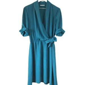 Tahari teal blue faux wrap tie dress 14